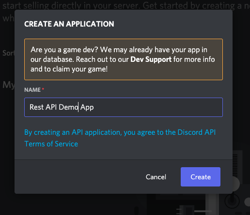Discord API create Application